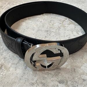 Gucci Black Leather Belt with Silver Interlocking G Buckle